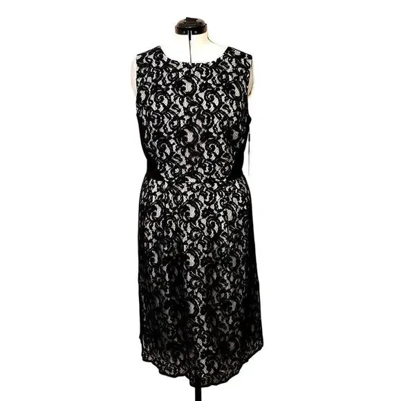 Calvin Klein Black White Sleeveless Lace Overlay Cocktail Party Dress | SZ 16W - Picture 2 of 13